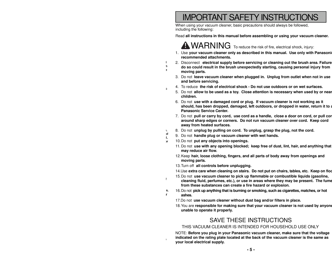 Panasonic MC-UG504 operating instructions Important Safety Instructions 