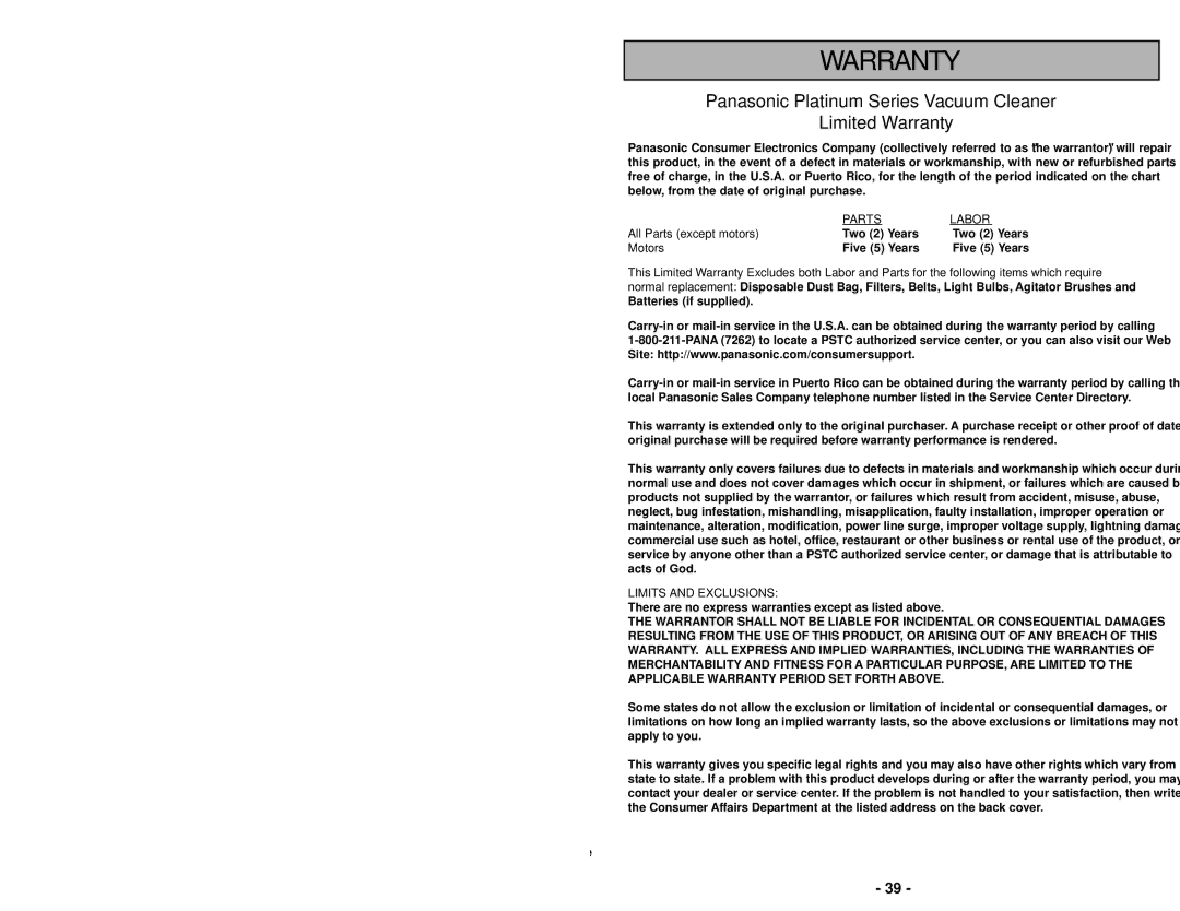 Panasonic MC-UG504 operating instructions Avertissement 