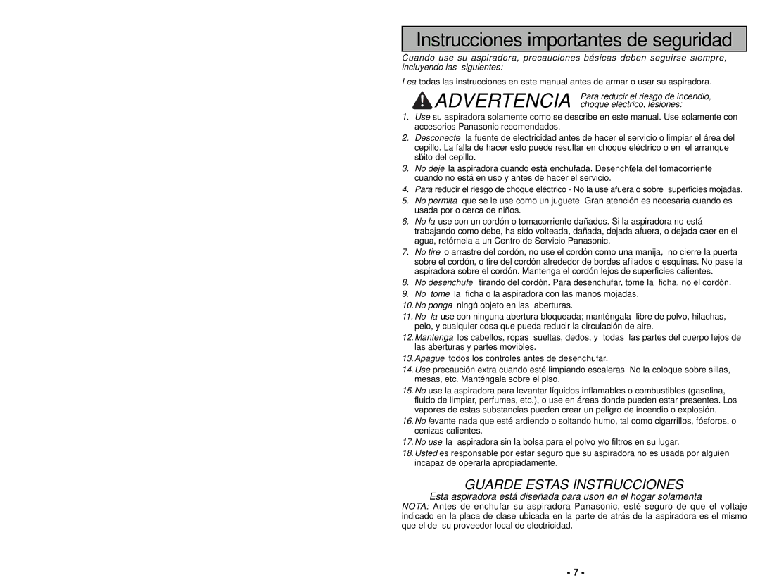 Panasonic MC-UG504 operating instructions Instrucciones importantes de seguridad 