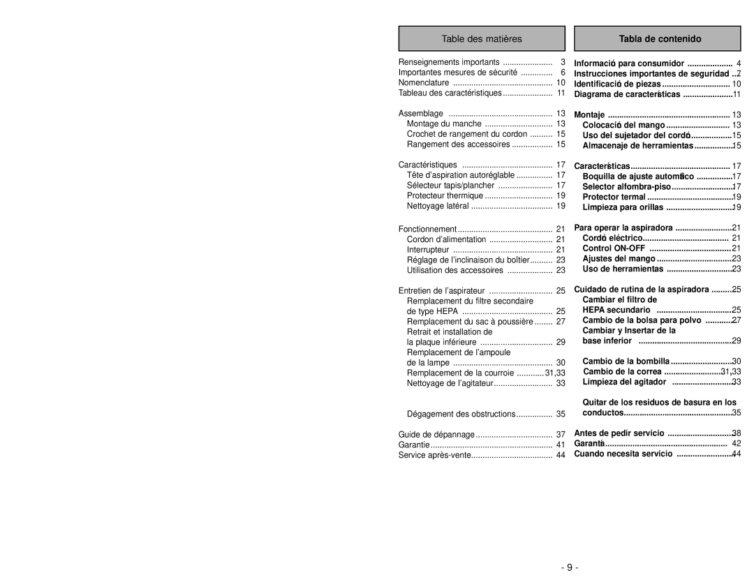 Panasonic MC-UG504 operating instructions Table des matières, Tabla de contenido 