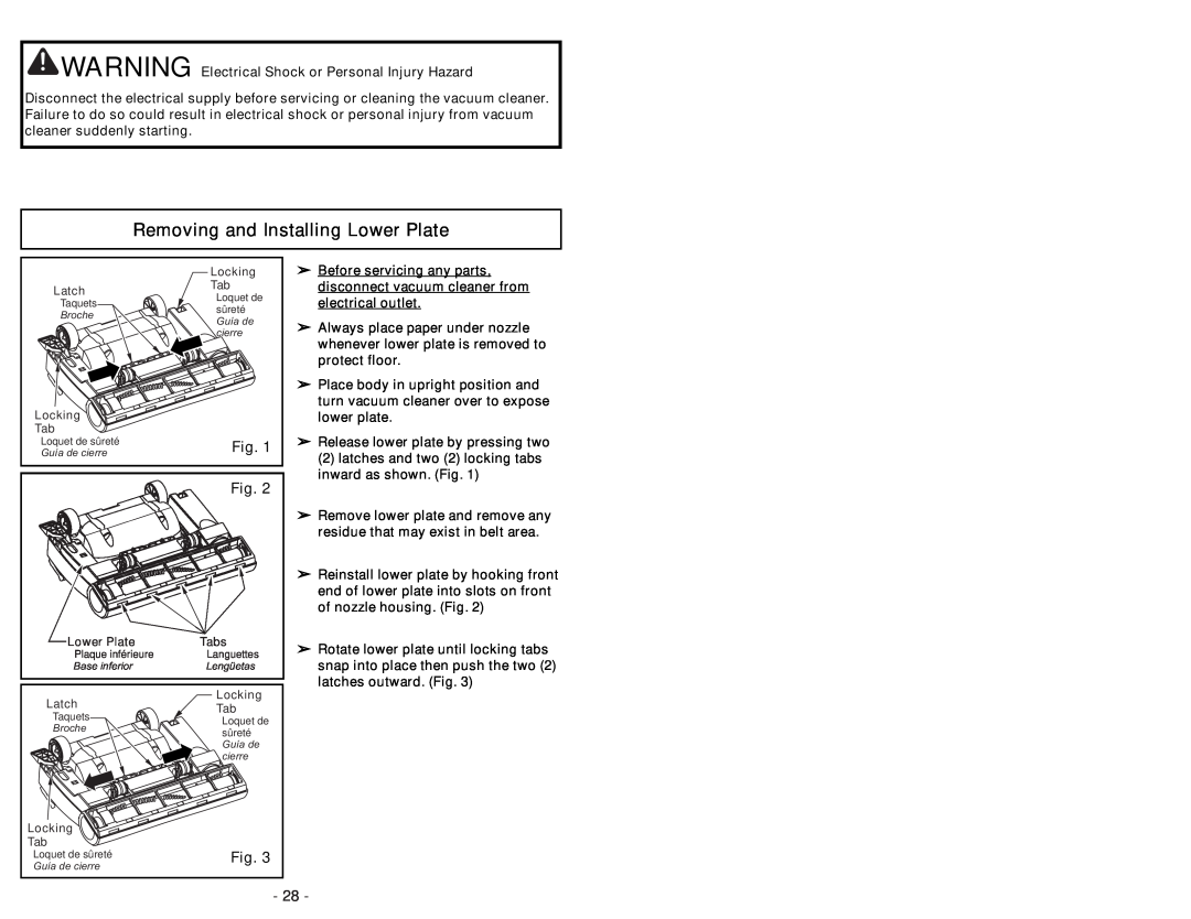 Panasonic MC-UG504 operating instructions Removing and Installing Lower Plate 