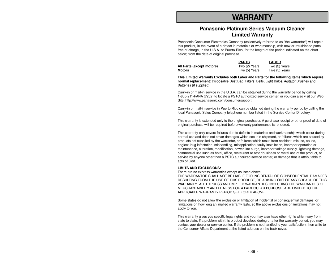 Panasonic MC-UG504 operating instructions Panasonic Platinum Series Vacuum Cleaner, Limited Warranty 