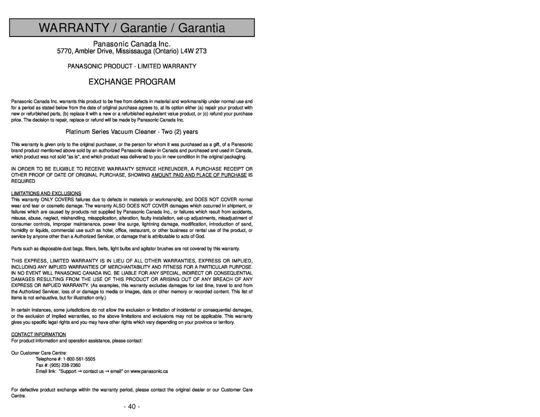 Panasonic MC-UG504 WARRANTY / Garantie / Garantia, Exchange Program, Panasonic Canada Inc, Limitations And Exclusions 