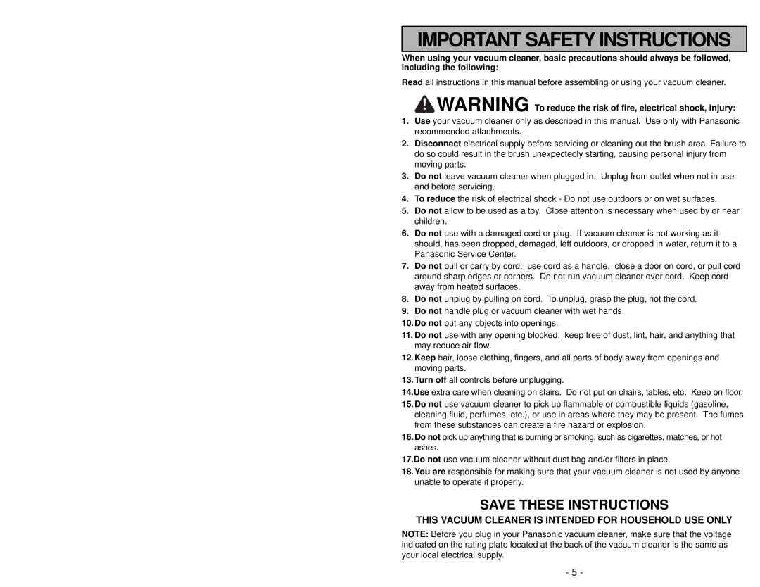 Panasonic MC-UG504 operating instructions Important Safety Instructions, Save These Instructions 
