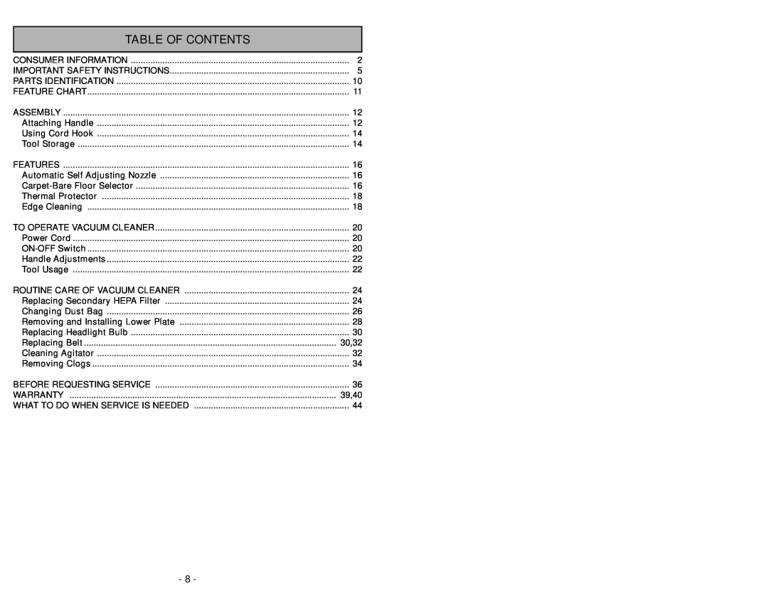 Panasonic MC-UG504 operating instructions Table Of Contents 