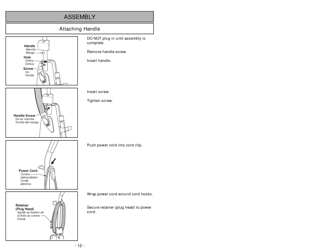 Panasonic MC-UG509 manuel dutilisation Assembly, Attaching Handle, Hole, Retainer Plug Head 