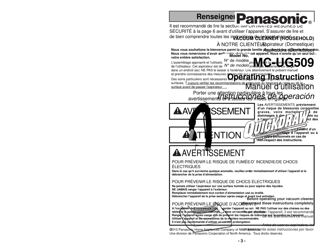 Panasonic MC-UG509 manuel dutilisation Renseignements importants, Notre Clientèle 