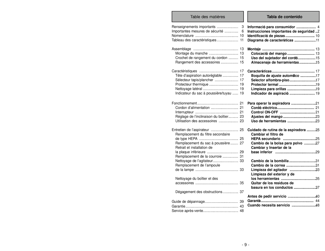 Panasonic MC-UG509 manuel dutilisation Table des matières, Tabla de contenido 