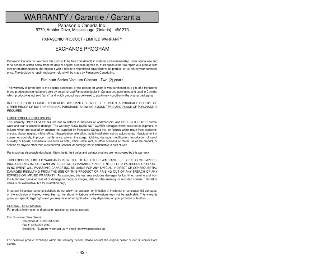 Panasonic MC-UG509 WARRANTY / Garantie / Garantia, Exchange Program, Panasonic Canada Inc, Limitations And Exclusions 