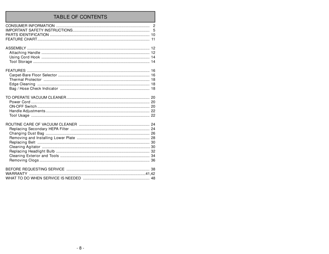 Panasonic MC-UG509 manuel dutilisation Table Of Contents 