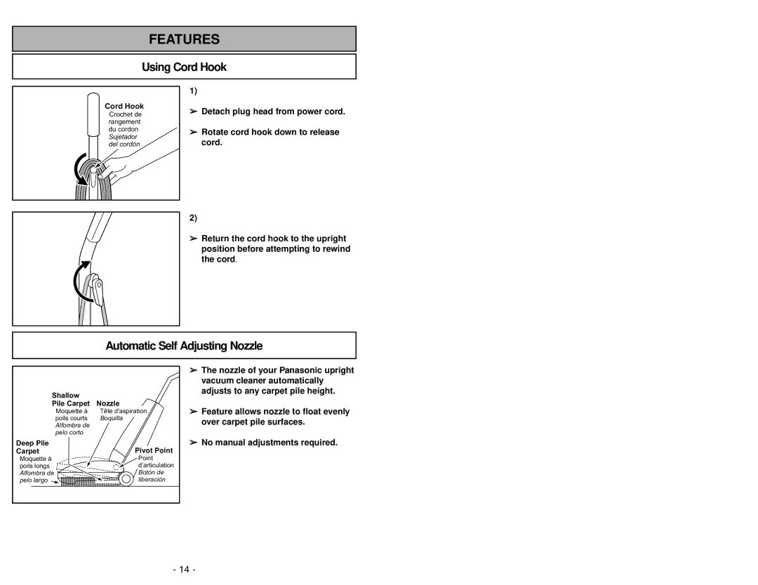 Panasonic MC-UG581 manuel dutilisation Using Cord Hook, Automatic Self Adjusting Nozzle 