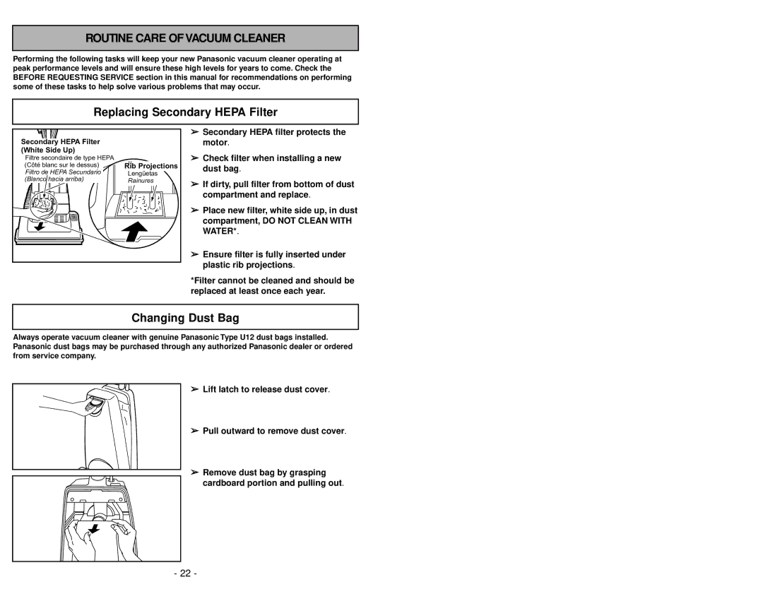 Panasonic MC-UG581 manuel dutilisation Routine Care of Vacuum Cleaner, Replacing Secondary Hepa Filter, Changing Dust Bag 