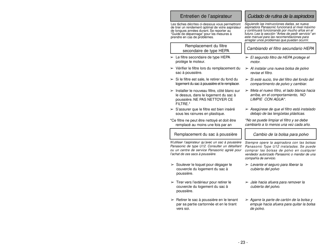 Panasonic MC-UG581 manuel dutilisation Cambiando el filtro secundario Hepa, Cambio de la bolsa para polvo 