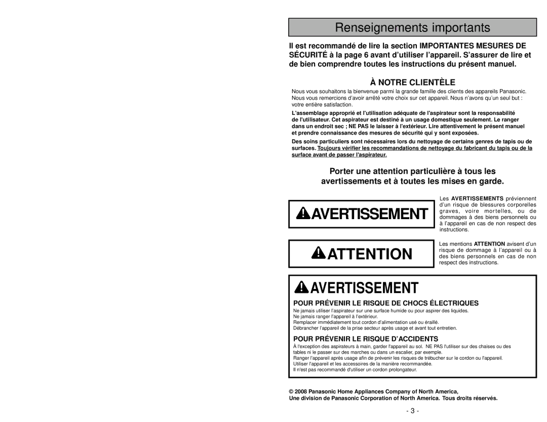 Panasonic MC-UG581 manuel dutilisation Renseignements importants, Notre Clientèle 