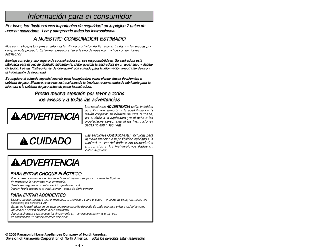 Panasonic MC-UG581 manuel dutilisation Advertencia Cuidado 