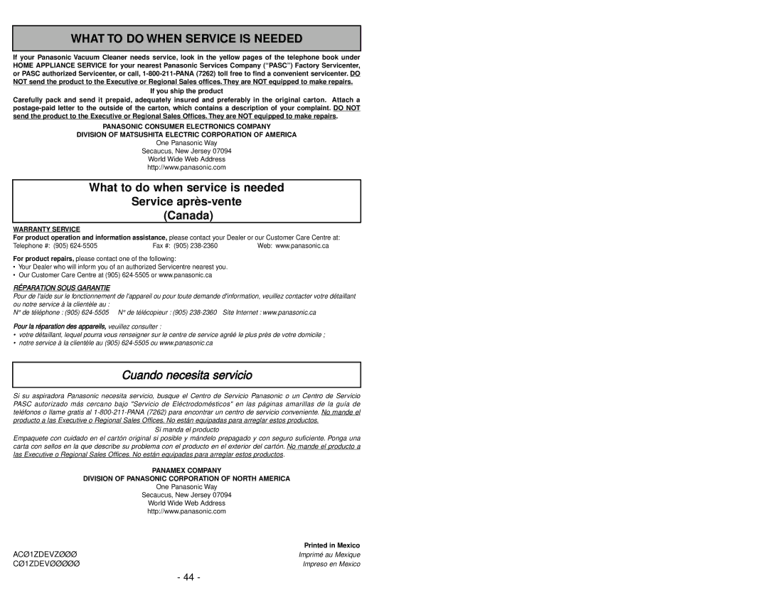 Panasonic MC-UG581 manuel dutilisation What to do When Service is Needed, Cuando necesita servicio 