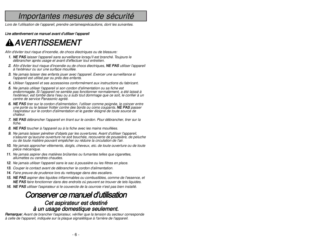 Panasonic MC-UG581 manuel dutilisation Avertissement 