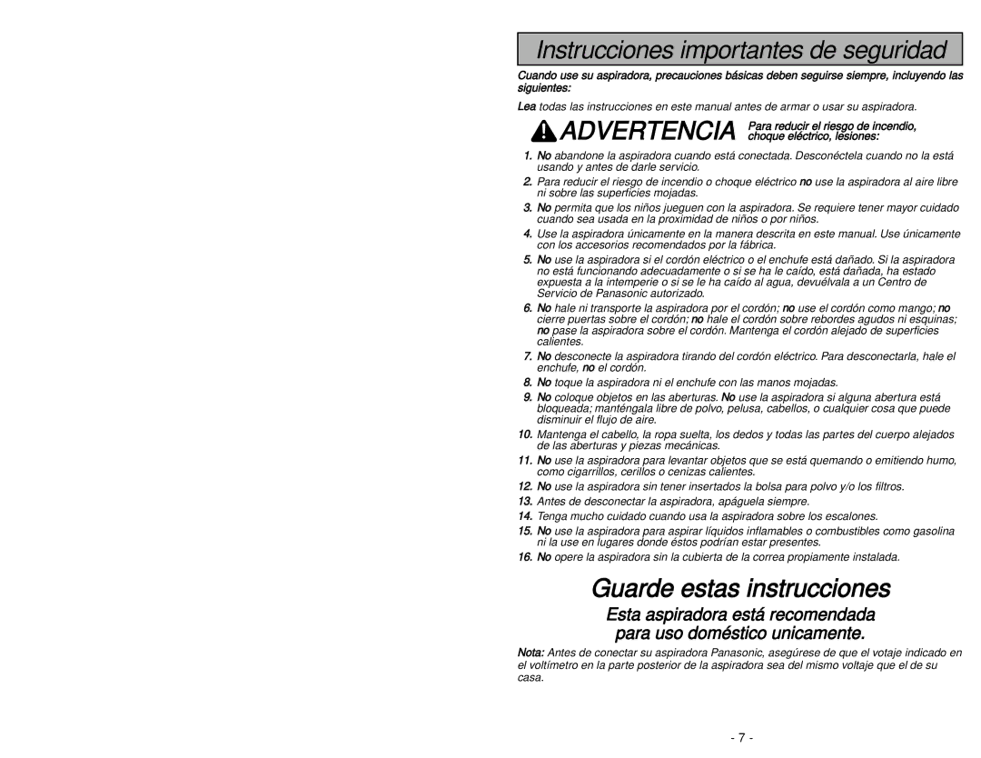 Panasonic MC-UG581 manuel dutilisation Instrucciones importantes de seguridad 