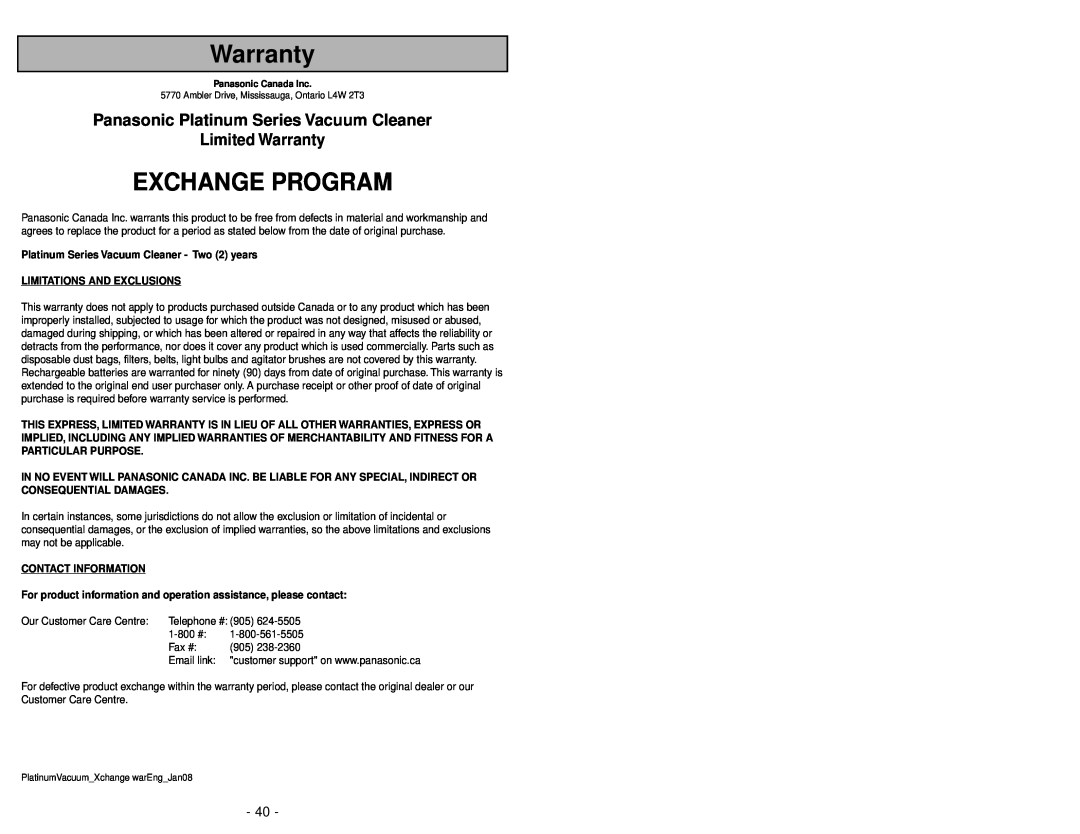 Panasonic MC-UG581 Exchange Program, Panasonic Platinum Series Vacuum Cleaner, Limited Warranty, Contact Information 