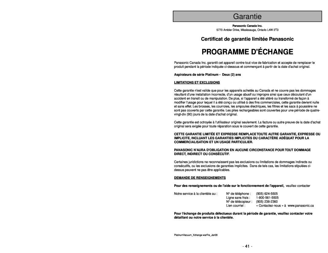 Panasonic MC-UG581 Garantie, Programme Déchange, Certificat de garantie limitée Panasonic, Limitations Et Exclusions 