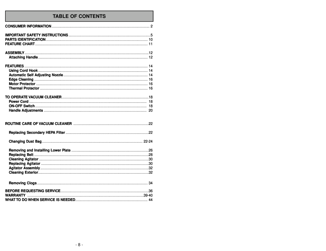 Panasonic MC-UG581 manuel dutilisation Table Of Contents 