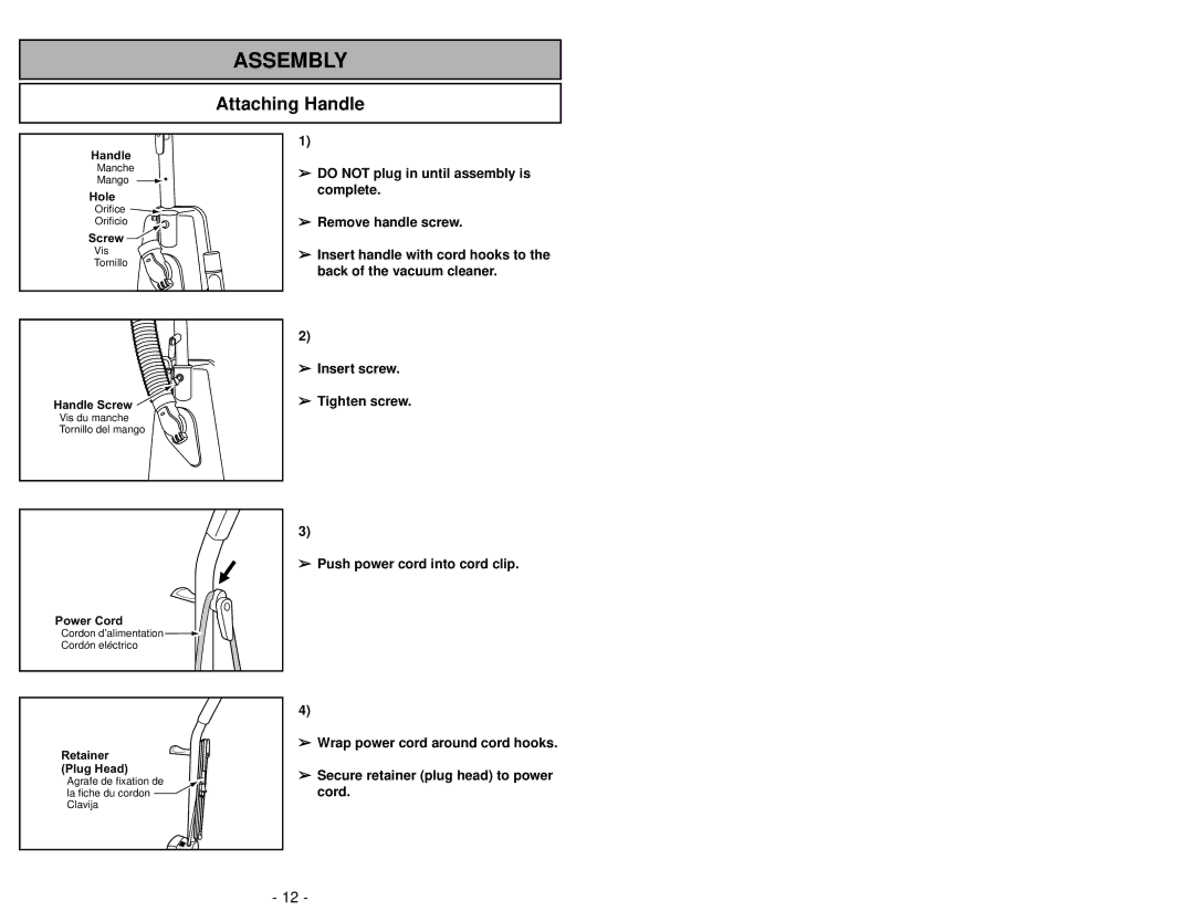 Panasonic MC-UG583 operating instructions Assembly, Attaching Handle 