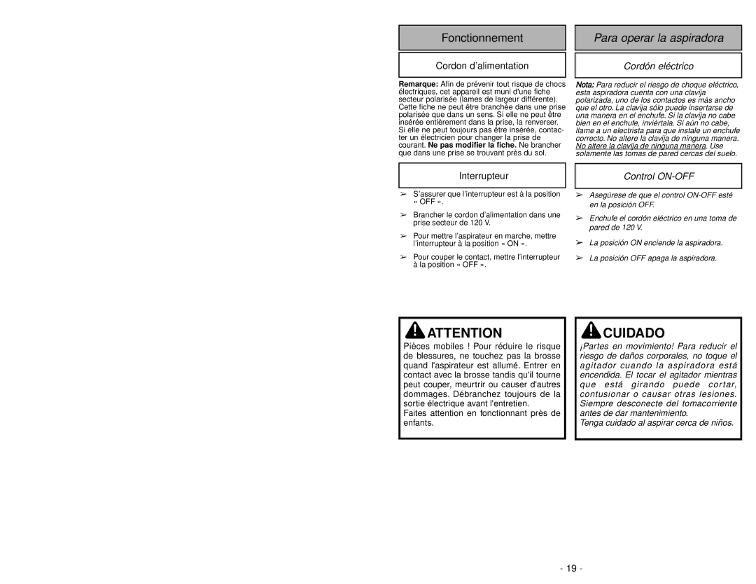 Panasonic MC-UG583 operating instructions Para operar la aspiradora, Cordón eléctrico, Control ON-OFF 