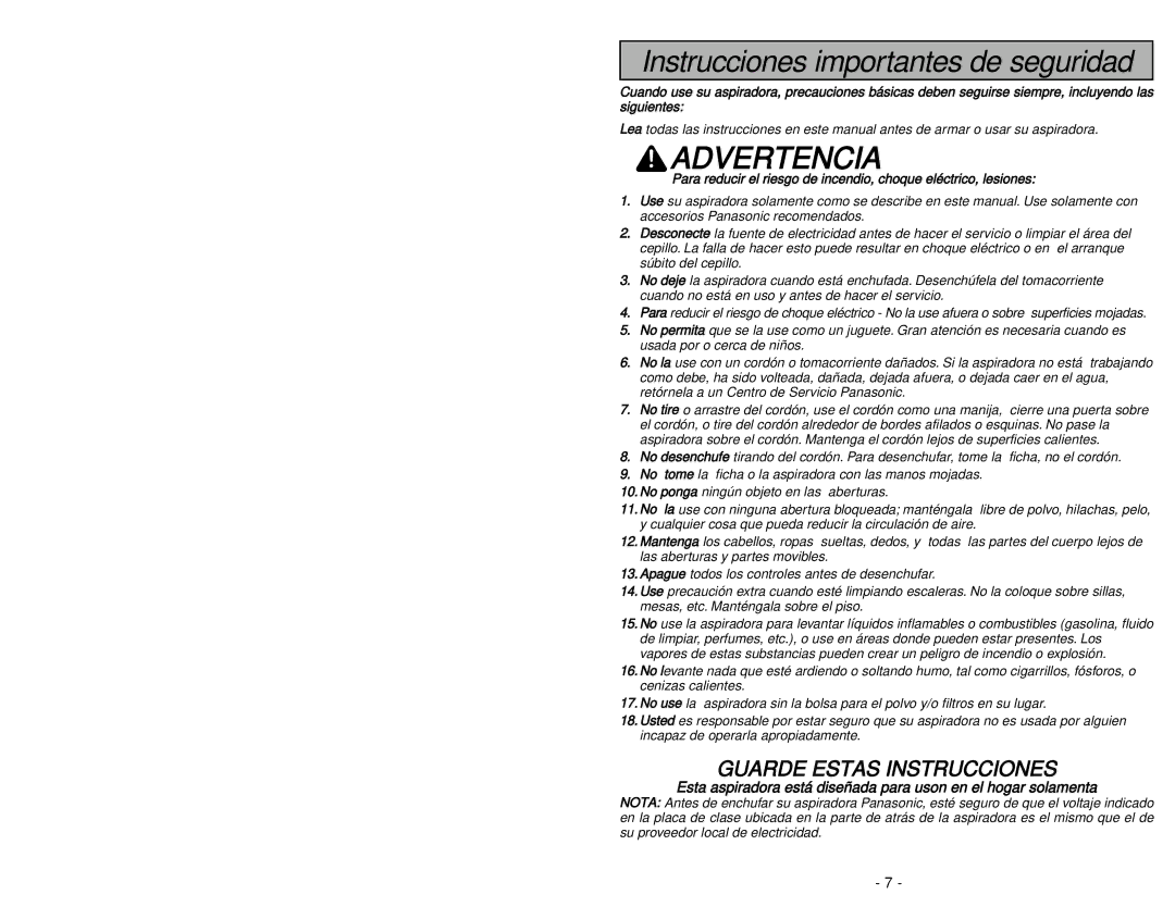 Panasonic MC-UG583 operating instructions Advertencia 