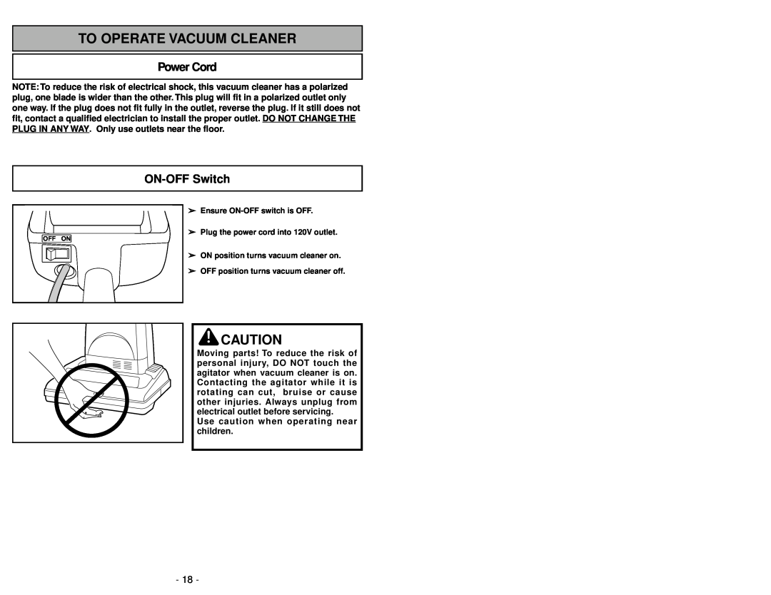Panasonic MC-UG583 operating instructions To Operate Vacuum Cleaner, Power Cord, ON-OFFSwitch 