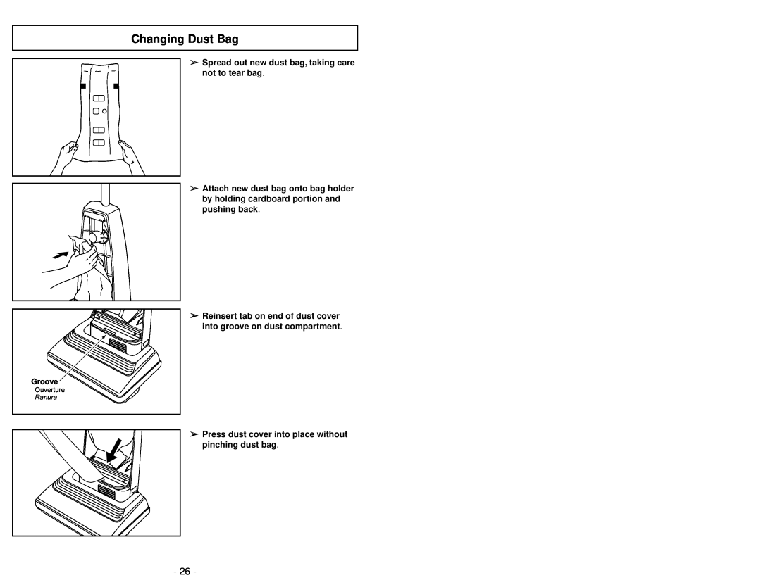 Panasonic MC-UG583 operating instructions Changing Dust Bag, Groove, Ouverture 