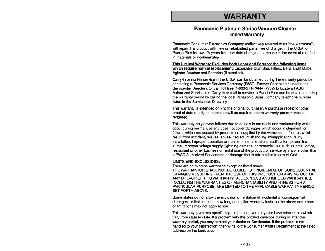 Panasonic MC-UG583 operating instructions Panasonic Platinum Series Vacuum Cleaner, Limited Warranty 