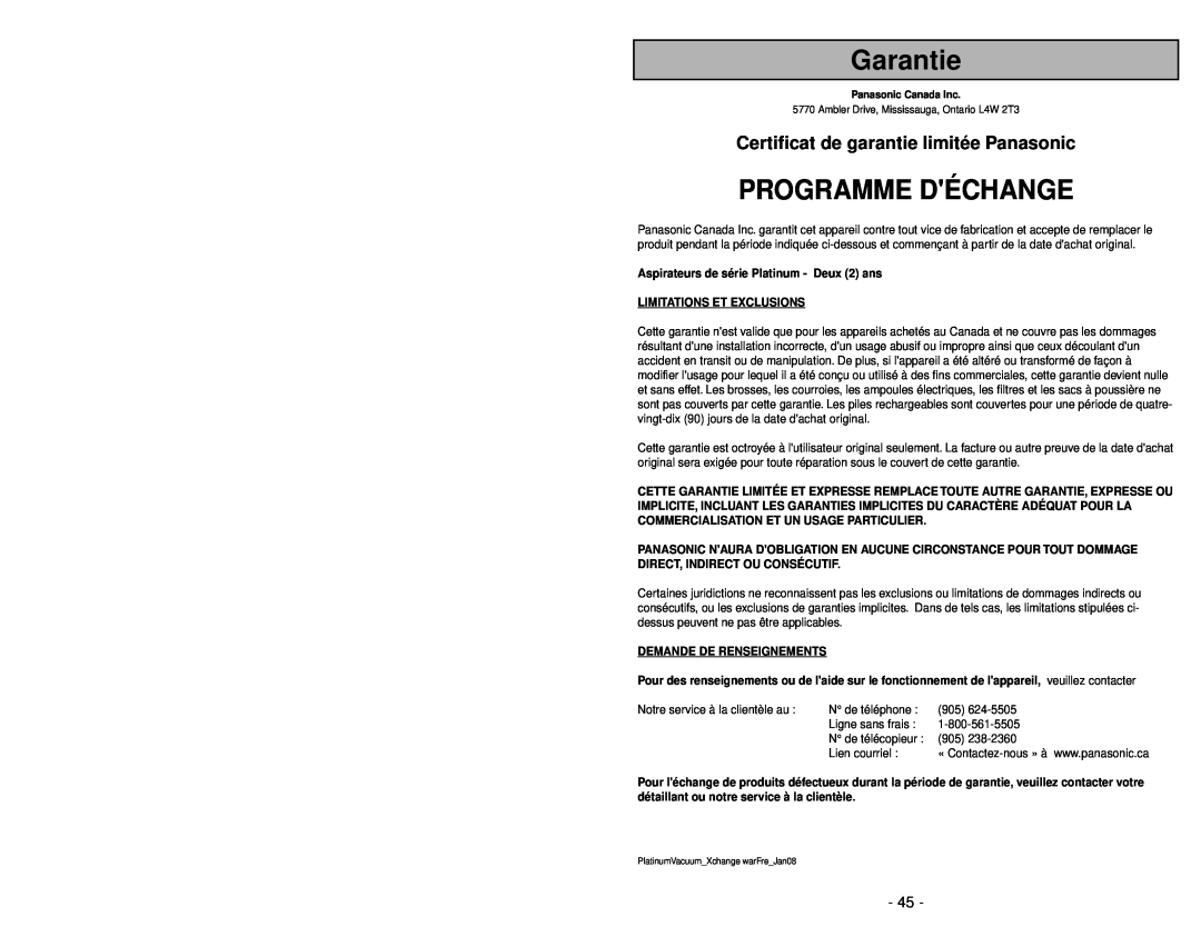 Panasonic MC-UG583 Garantie, Programme Déchange, Certificat de garantie limitée Panasonic, Limitations Et Exclusions 