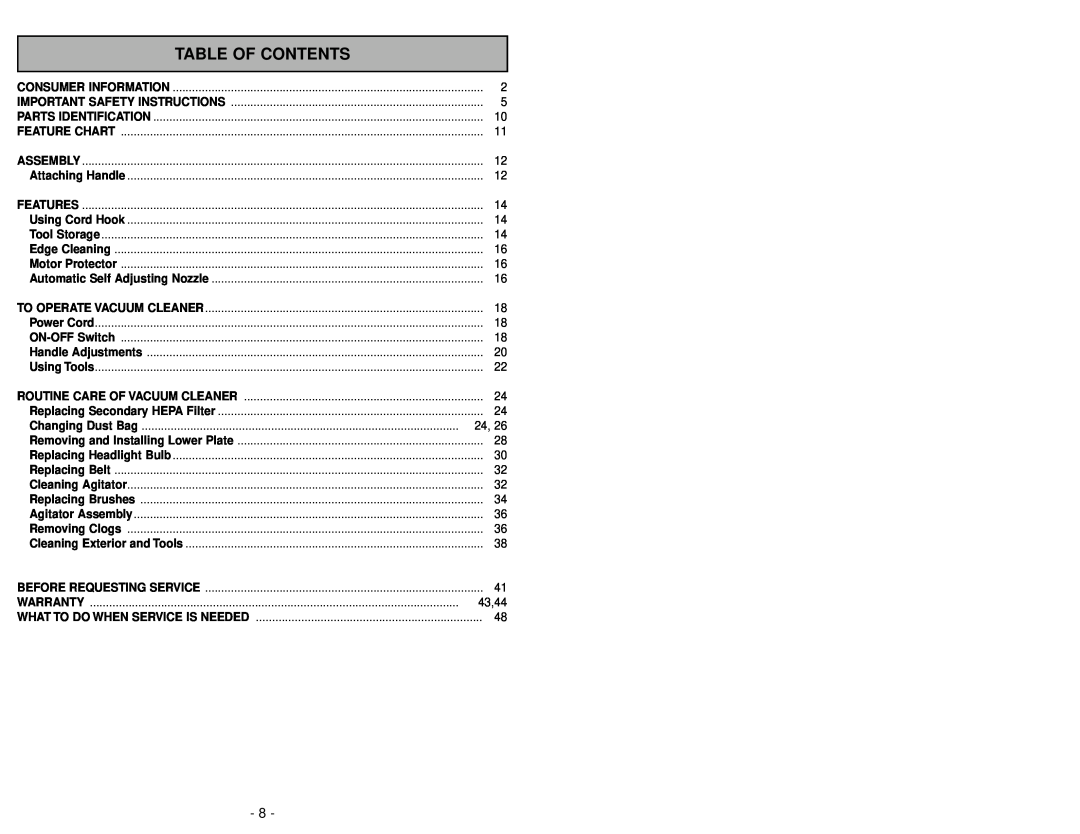 Panasonic MC-UG583 operating instructions Table Of Contents 
