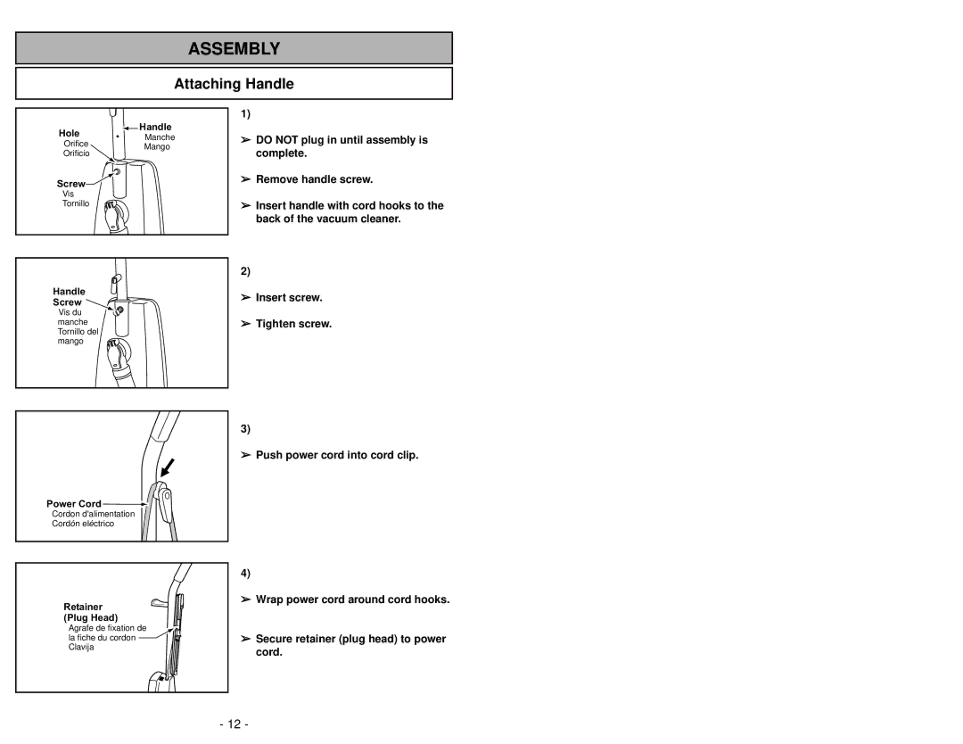 Panasonic MC-UG585 operating instructions Assembly, Attaching Handle 