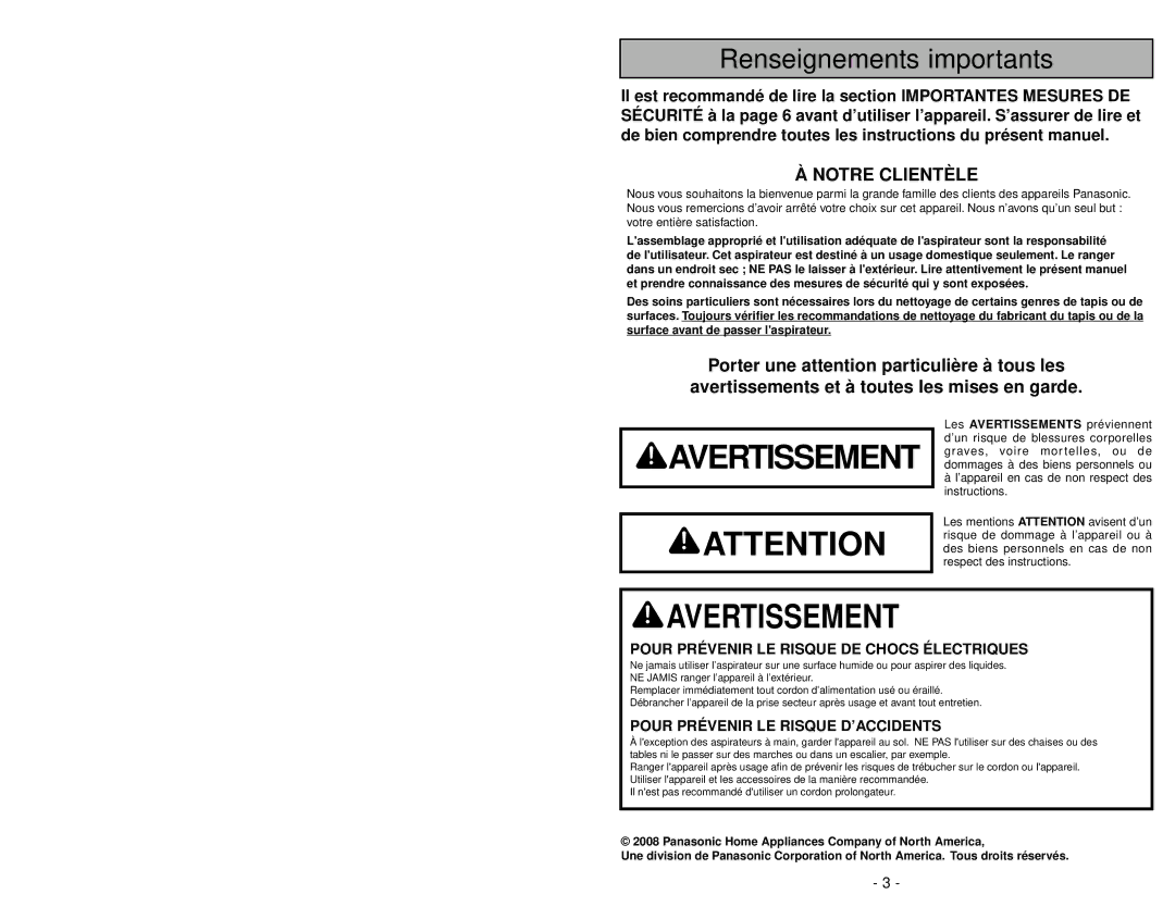 Panasonic MC-UG585 operating instructions Renseignements importants, Notre Clientèle 