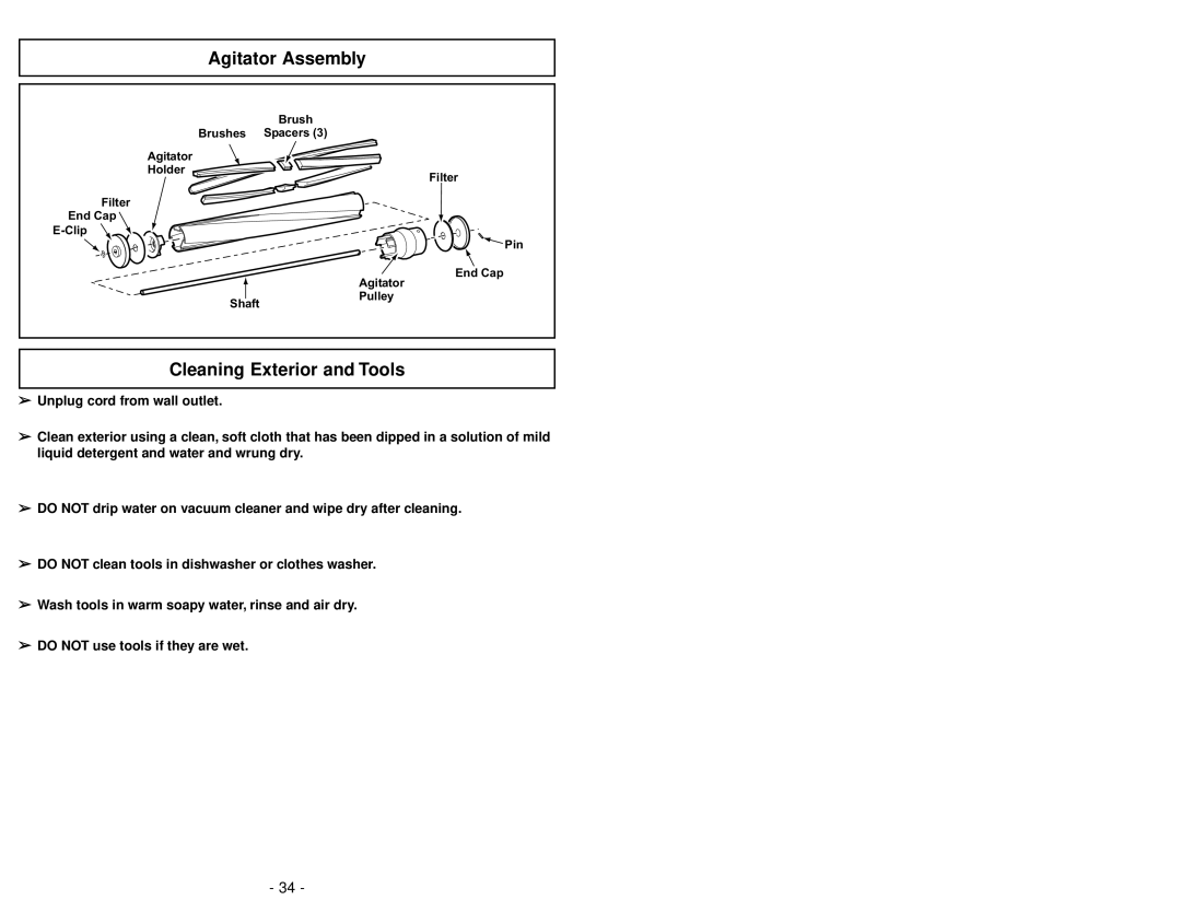 Panasonic MC-UG585 operating instructions Agitator Assembly, Cleaning Exterior and Tools 