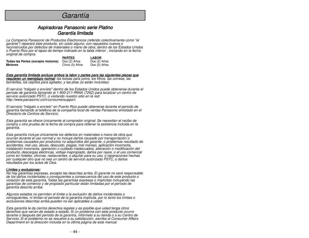 Panasonic MC-UG585 operating instructions Aspiradoras Panasonic serie Platino Garantía limitada 