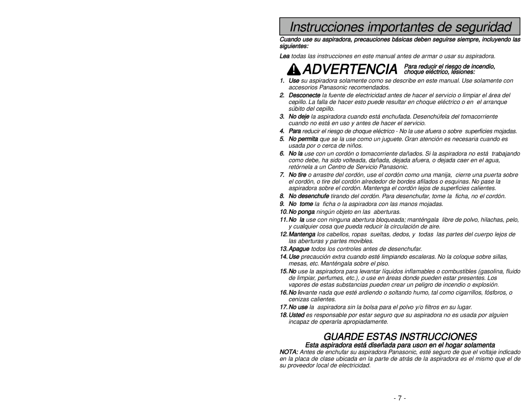 Panasonic MC-UG585 operating instructions Advertencia 