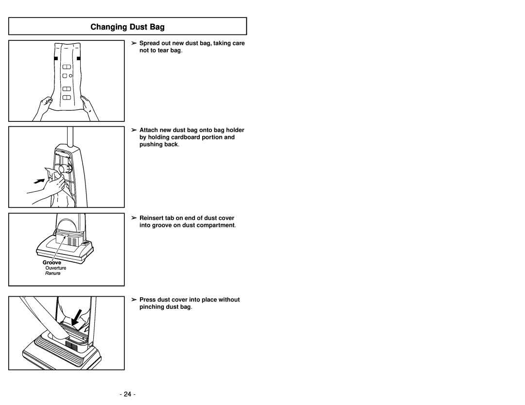 Panasonic MC-UG585 operating instructions Changing Dust Bag, Groove, Ouverture 