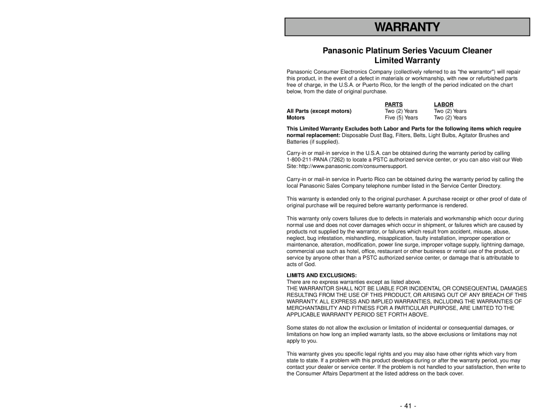 Panasonic MC-UG585 operating instructions Panasonic Platinum Series Vacuum Cleaner, Limited Warranty 