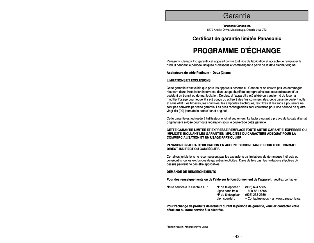 Panasonic MC-UG585 Garantie, Programme Déchange, Certificat de garantie limitée Panasonic, Limitations Et Exclusions 