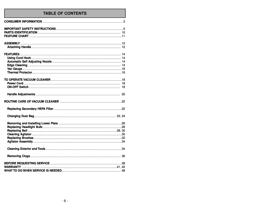 Panasonic MC-UG585 operating instructions Table Of Contents 