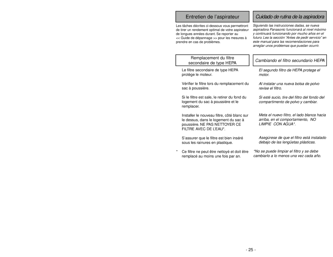 Panasonic MC-UG589 manuel dutilisation Cuidado de rutina de la aspiradora, Remplacement du filtre secondaire de type Hepa 