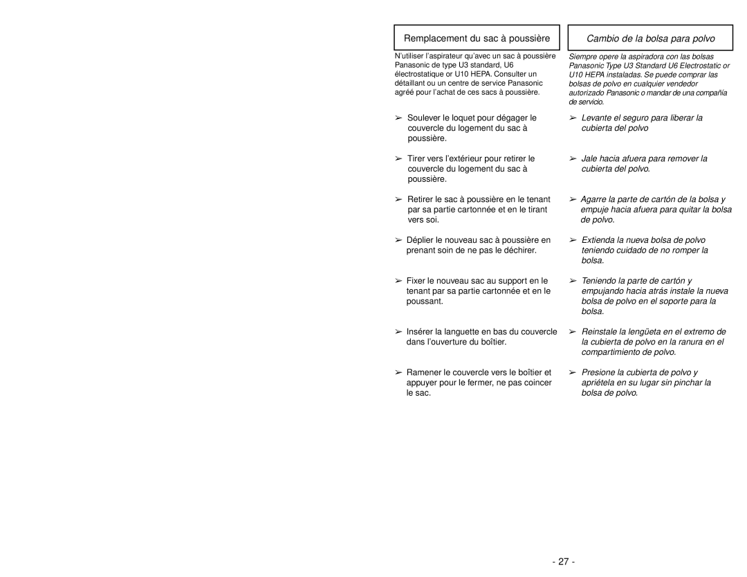 Panasonic MC-UG589 manuel dutilisation Remplacement du sac à poussière, Cambio de la bolsa para polvo 