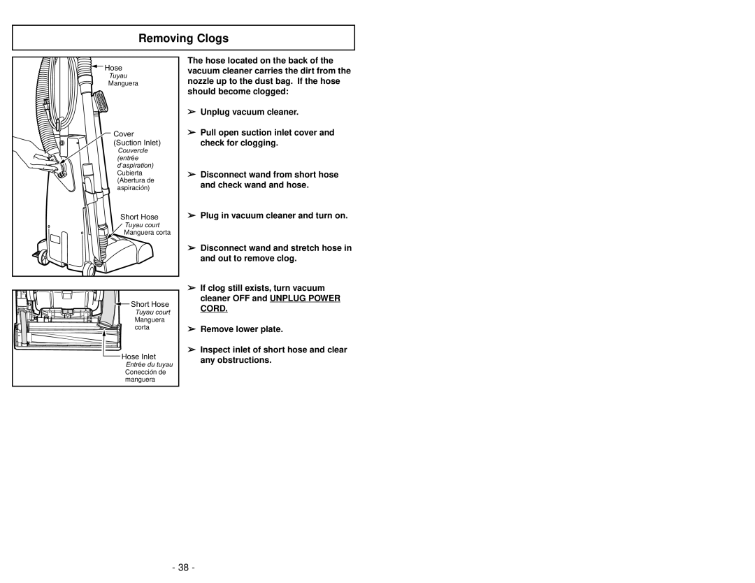 Panasonic MC-UG589 manuel dutilisation Removing Clogs 