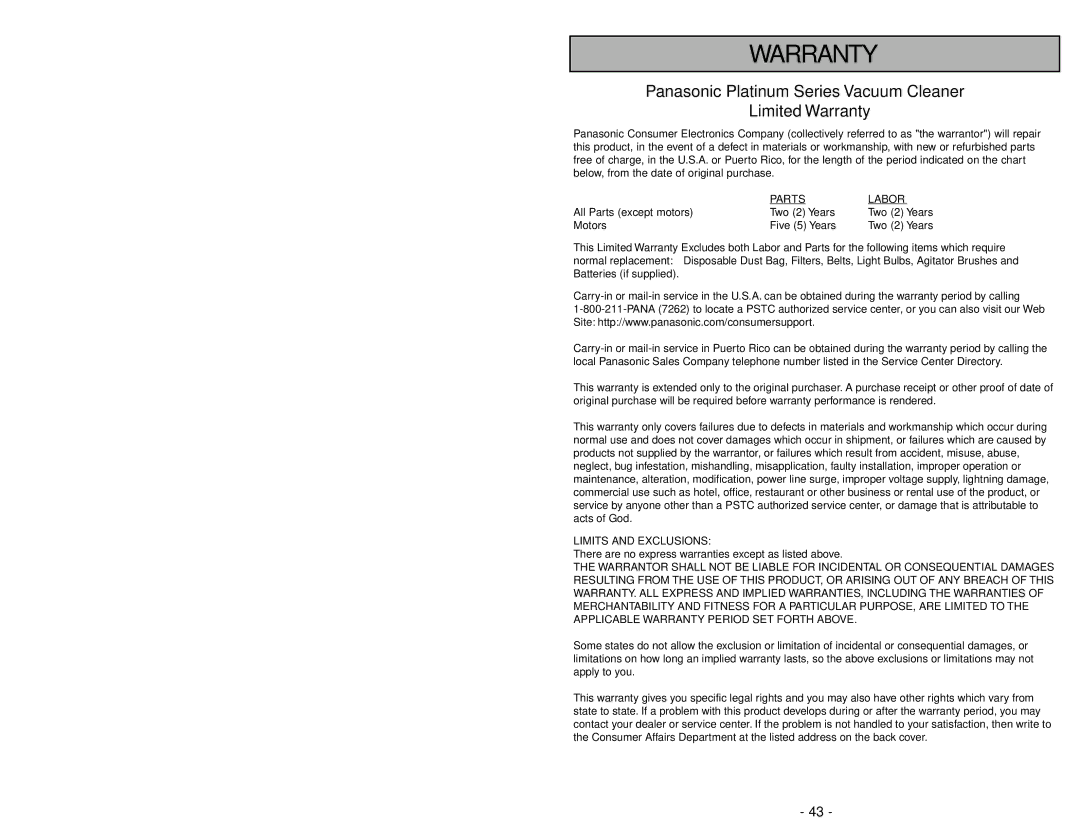 Panasonic MC-UG589 manuel dutilisation Panasonic Platinum Series Vacuum Cleaner Limited Warranty 