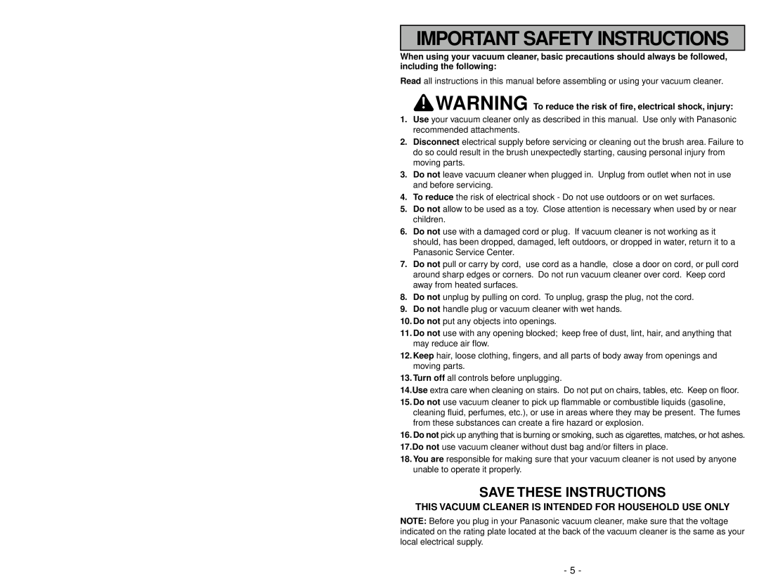 Panasonic MC-UG589 manuel dutilisation Important Safety Instructions, Save These Instructions 