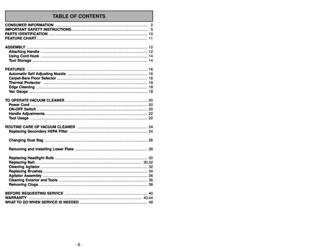 Panasonic MC-UG589 manuel dutilisation Table Of Contents 