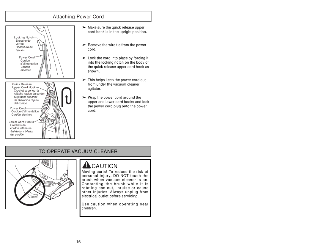 Panasonic MC-UG693 manuel dutilisation Attaching Power Cord, Quick Release Upper Cord Hook 