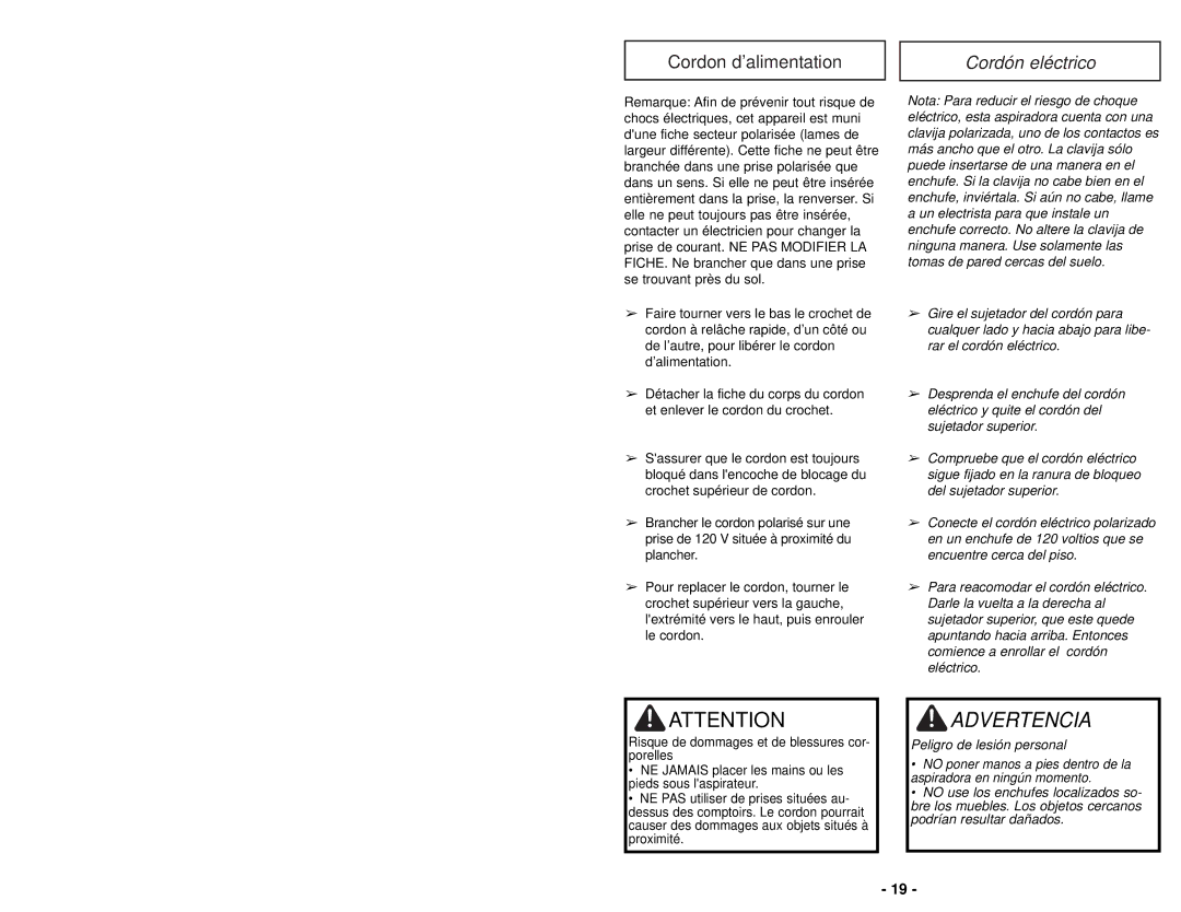 Panasonic MC-UG693 manuel dutilisation Advertencia, Cordón eléctrico 